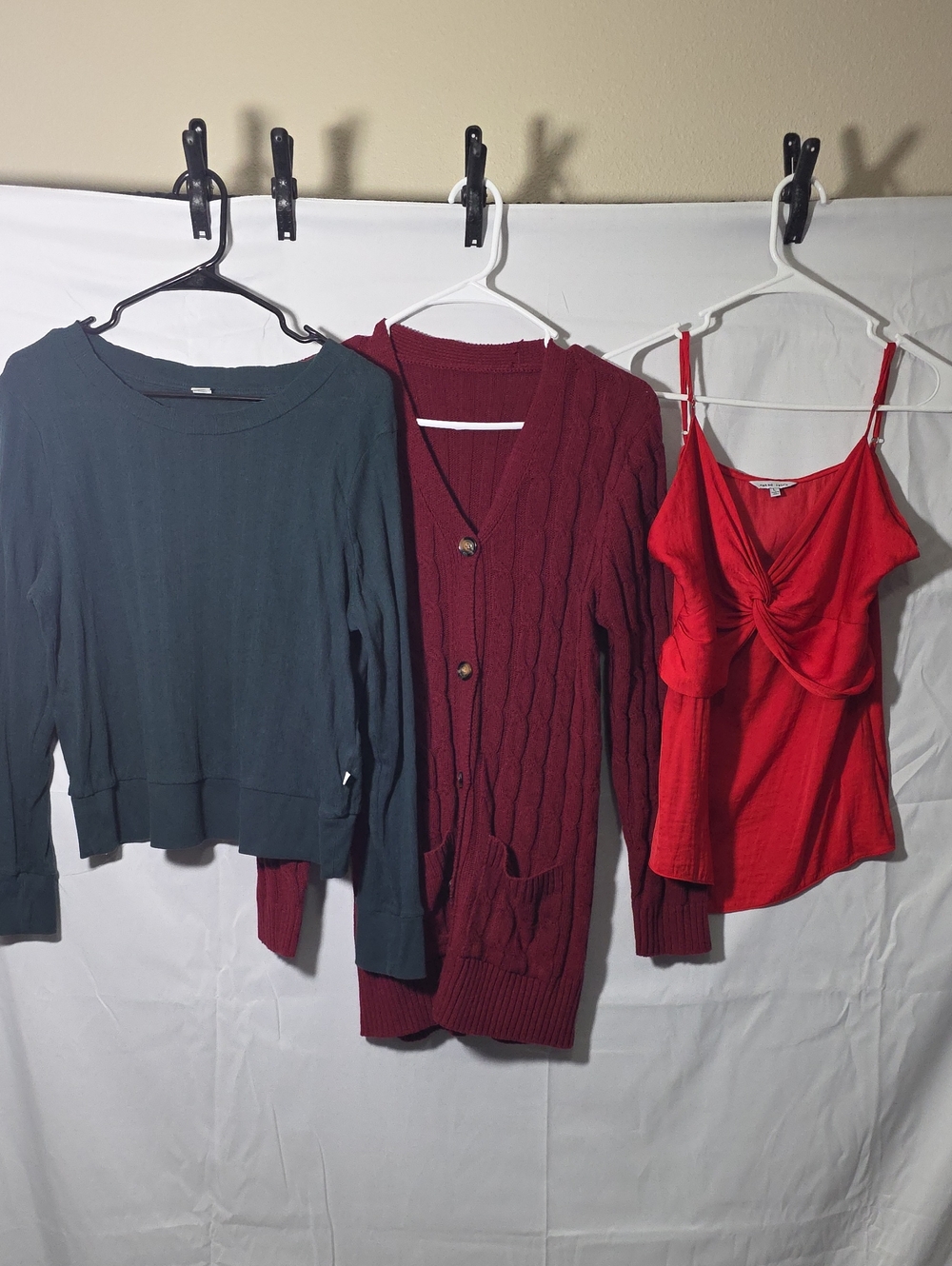 3 Piece Large ONLY Green Long Sleeve, Unbranded Red Cardigan, Naked Zebra Tank